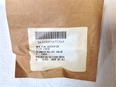 PLUNGER, RELIEF VALVE, PN 322343-20, HAM STANDARD PROP, NS/NOS, FACTORY PACKED